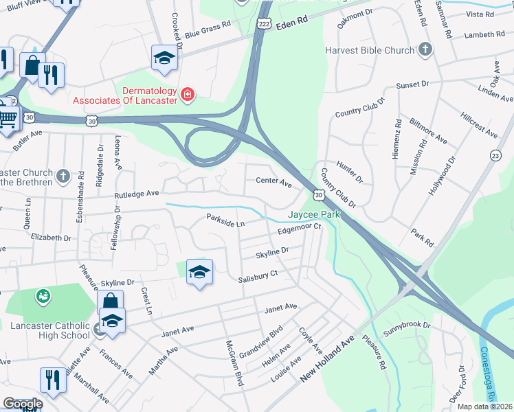 map of restaurants, bars, coffee shops, grocery stores, and more near 963 Parkside Lane in Lancaster