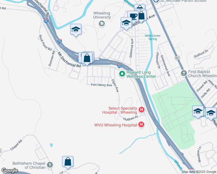 map of restaurants, bars, coffee shops, grocery stores, and more near 1151 Fort Henry Avenue in Wheeling