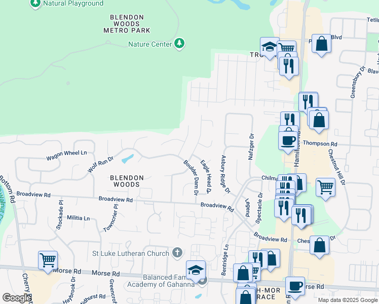 map of restaurants, bars, coffee shops, grocery stores, and more near 4248 Boulder Creek Drive in Columbus