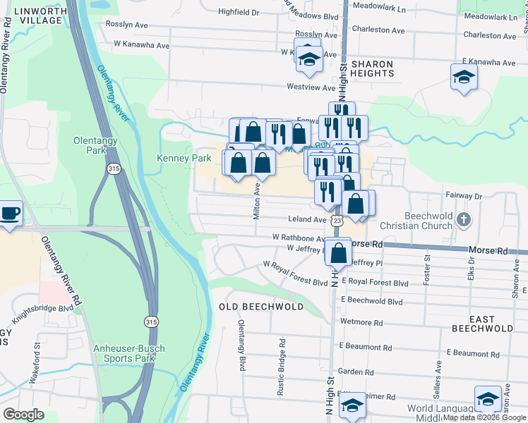 map of restaurants, bars, coffee shops, grocery stores, and more near 149 Leland Avenue in Columbus