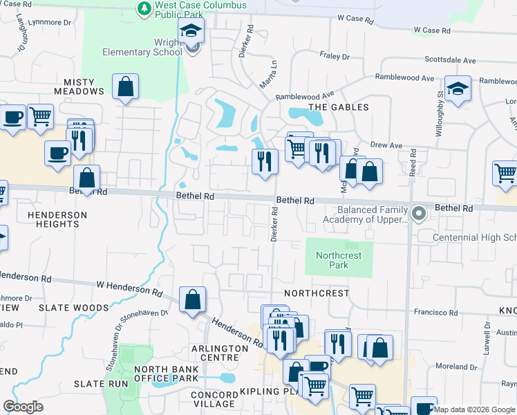 map of restaurants, bars, coffee shops, grocery stores, and more near 6 Hedgerow Road in Columbus