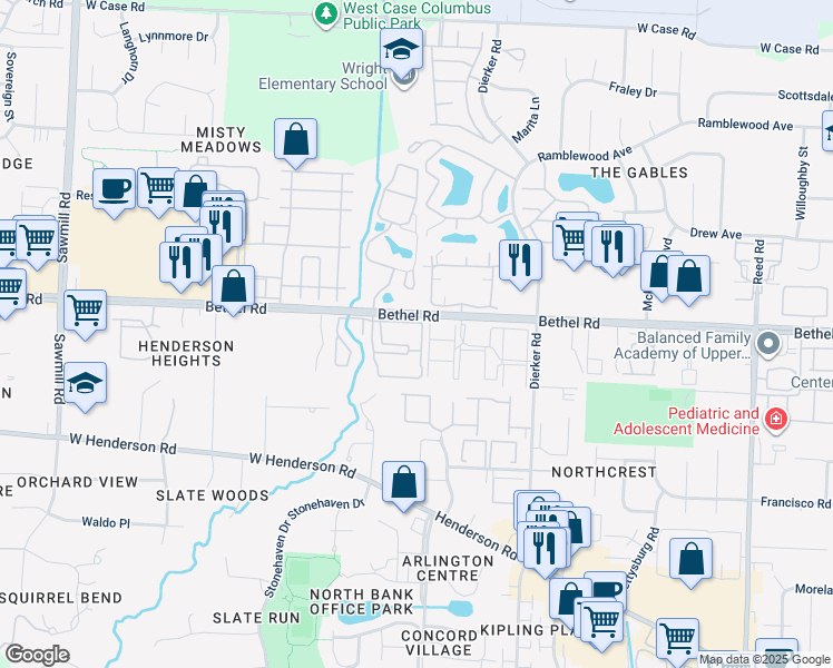 map of restaurants, bars, coffee shops, grocery stores, and more near 2279 Hedgerow Road in Columbus
