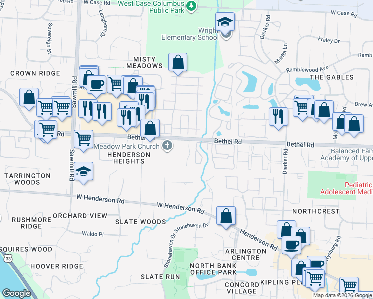 map of restaurants, bars, coffee shops, grocery stores, and more near 5287 Brandy Oaks Lane in Columbus
