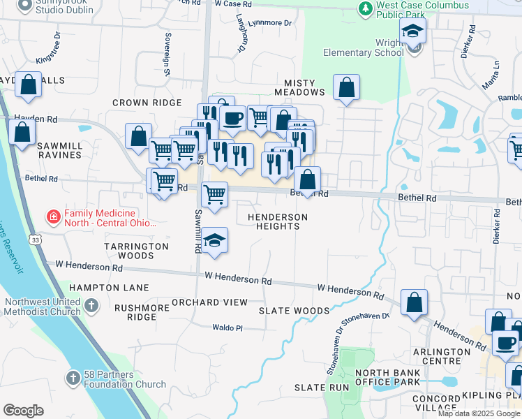 map of restaurants, bars, coffee shops, grocery stores, and more near 5322 Darlington Road in Columbus