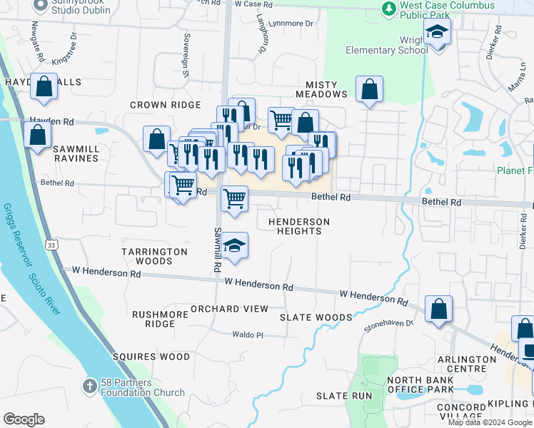map of restaurants, bars, coffee shops, grocery stores, and more near 5345 Stonemeadow Avenue in Columbus