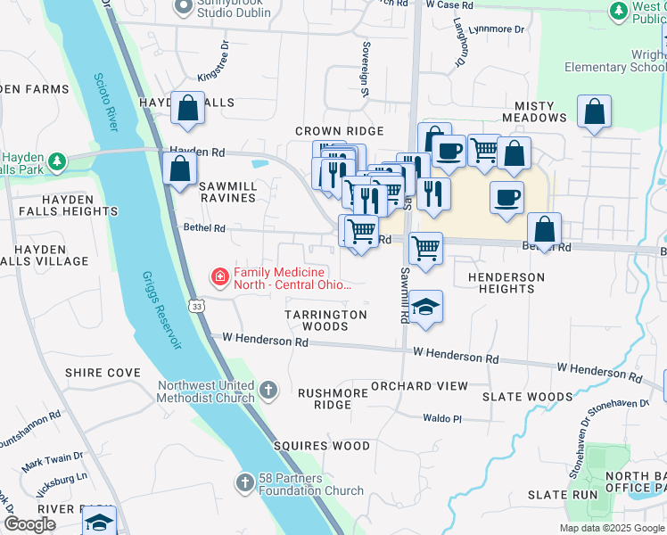 map of restaurants, bars, coffee shops, grocery stores, and more near 5307 Shiloh Drive in Columbus