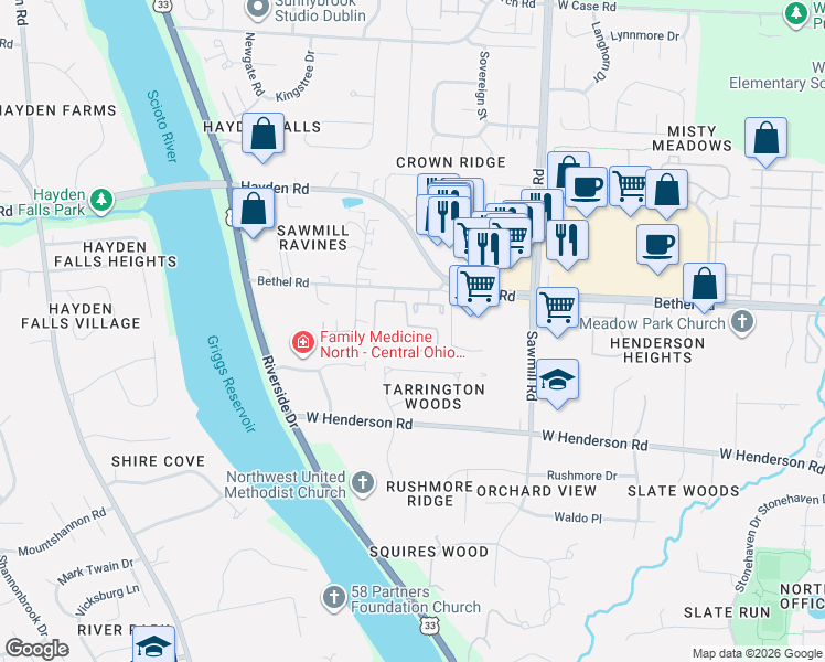 map of restaurants, bars, coffee shops, grocery stores, and more near 5318 Caleb Drive in Columbus