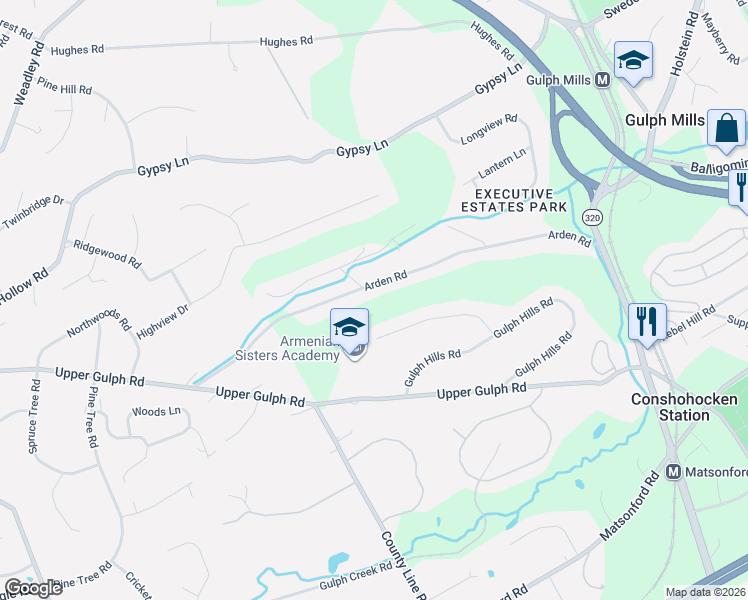 map of restaurants, bars, coffee shops, grocery stores, and more near 375 Arden Road in Conshohocken