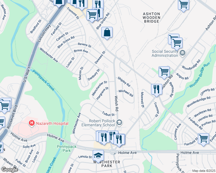 map of restaurants, bars, coffee shops, grocery stores, and more near 8854 Hargrave Street in Philadelphia