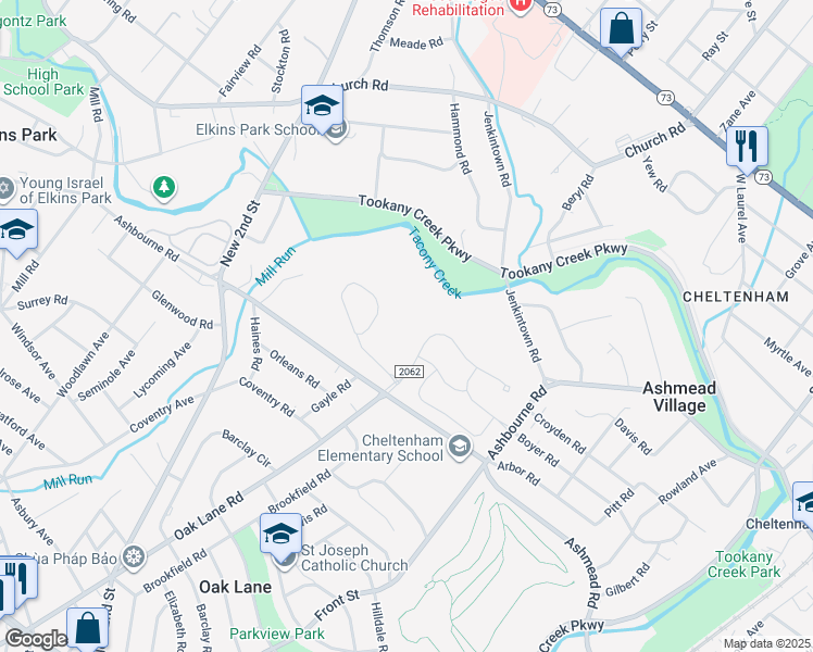 map of restaurants, bars, coffee shops, grocery stores, and more near 1100 Ashbourne Road in Elkins Park