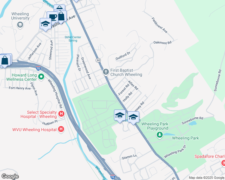 map of restaurants, bars, coffee shops, grocery stores, and more near 1526 National Road in Wheeling
