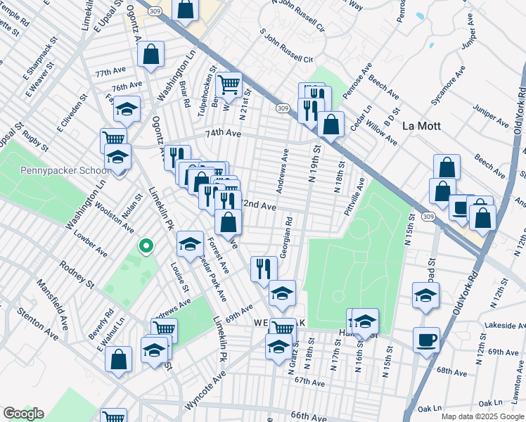map of restaurants, bars, coffee shops, grocery stores, and more near 7183 North Uber Street in Philadelphia