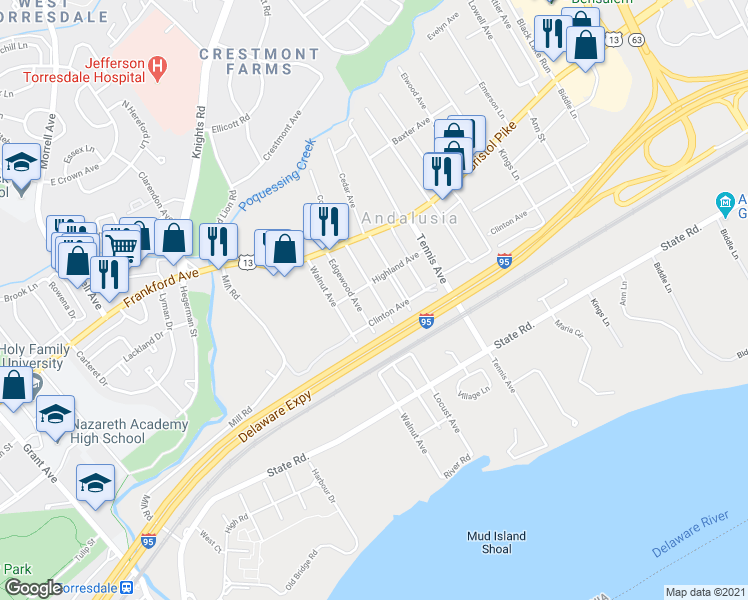 map of restaurants, bars, coffee shops, grocery stores, and more near 830 Locust Avenue in Bensalem