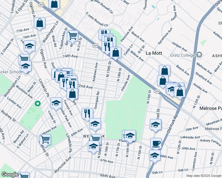 map of restaurants, bars, coffee shops, grocery stores, and more near 1823 72nd Avenue in Philadelphia