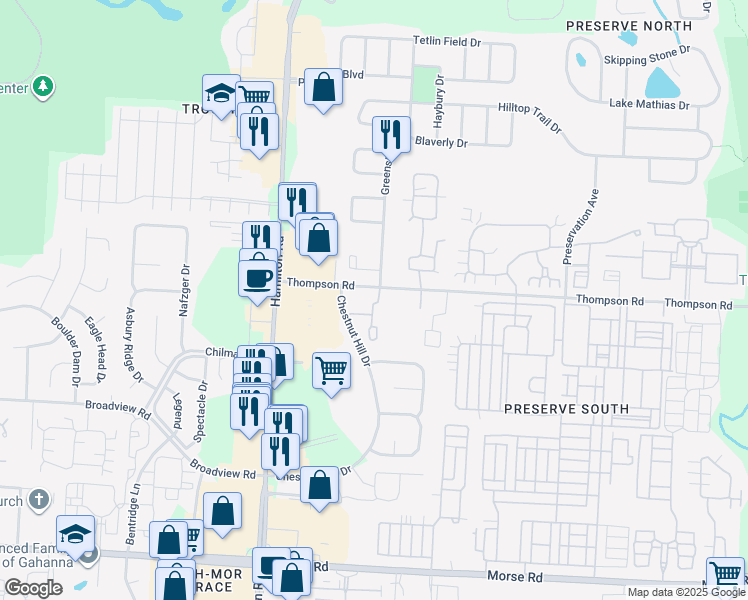 map of restaurants, bars, coffee shops, grocery stores, and more near 4135 Thompson Road in Columbus