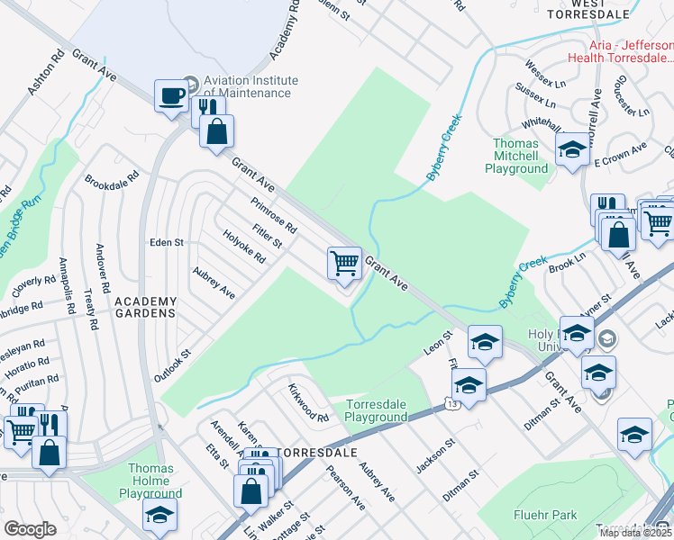 map of restaurants, bars, coffee shops, grocery stores, and more near 3550 Primrose Road in Philadelphia