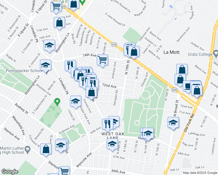 map of restaurants, bars, coffee shops, grocery stores, and more near 7184 Andrews Avenue in Philadelphia