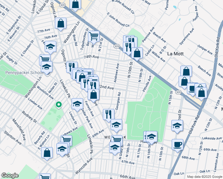 map of restaurants, bars, coffee shops, grocery stores, and more near 7184 Andrews Avenue in Philadelphia