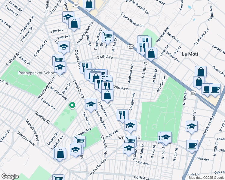 map of restaurants, bars, coffee shops, grocery stores, and more near 7170 North 20th Street in Philadelphia