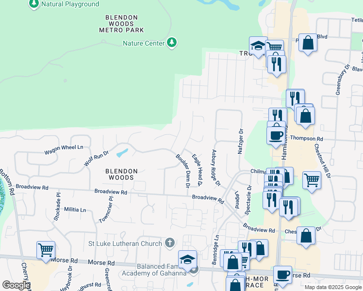 map of restaurants, bars, coffee shops, grocery stores, and more near 4248 Boulder Creek Drive in Columbus