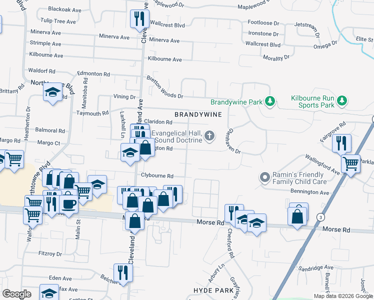 map of restaurants, bars, coffee shops, grocery stores, and more near 4593 Sharon Avenue in Columbus