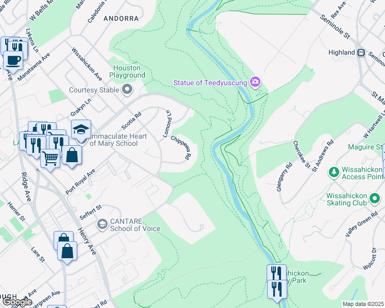 map of restaurants, bars, coffee shops, grocery stores, and more near 8424 Chippewa Road in Philadelphia