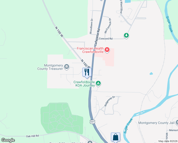 map of restaurants, bars, coffee shops, grocery stores, and more near 1630 Lafayette Avenue in Crawfordsville