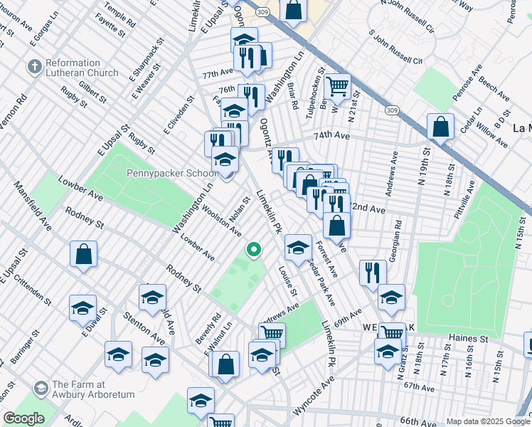 map of restaurants, bars, coffee shops, grocery stores, and more near 7260 Limekiln Pike in Philadelphia