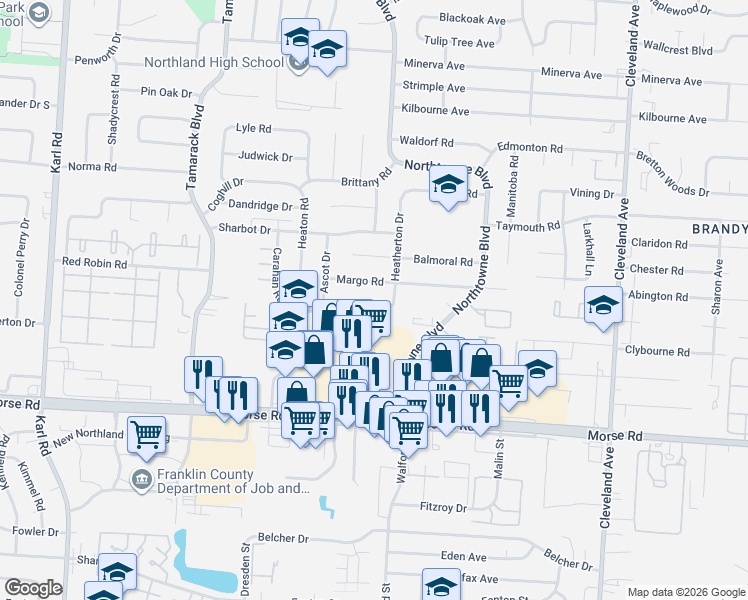 map of restaurants, bars, coffee shops, grocery stores, and more near 2077 Waymont Road in Columbus