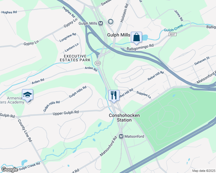 map of restaurants, bars, coffee shops, grocery stores, and more near 1144 South Gulph Road in Conshohocken