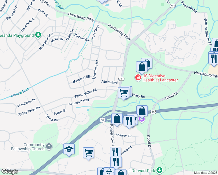 map of restaurants, bars, coffee shops, grocery stores, and more near 310 Springton Way in Lancaster