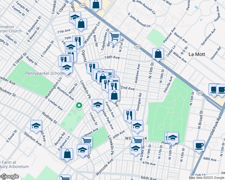map of restaurants, bars, coffee shops, grocery stores, and more near 7173 Ogontz Avenue in Philadelphia