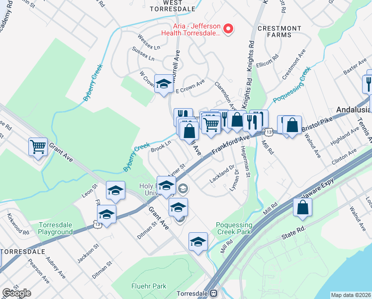map of restaurants, bars, coffee shops, grocery stores, and more near 3999 Rowena Drive in Philadelphia