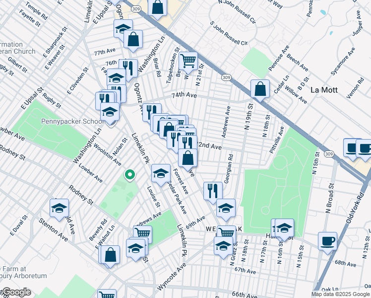map of restaurants, bars, coffee shops, grocery stores, and more near 7173 Ogontz Avenue in Philadelphia