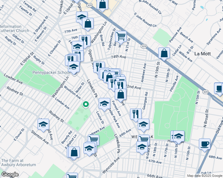 map of restaurants, bars, coffee shops, grocery stores, and more near 7182 Ogontz Avenue in Philadelphia