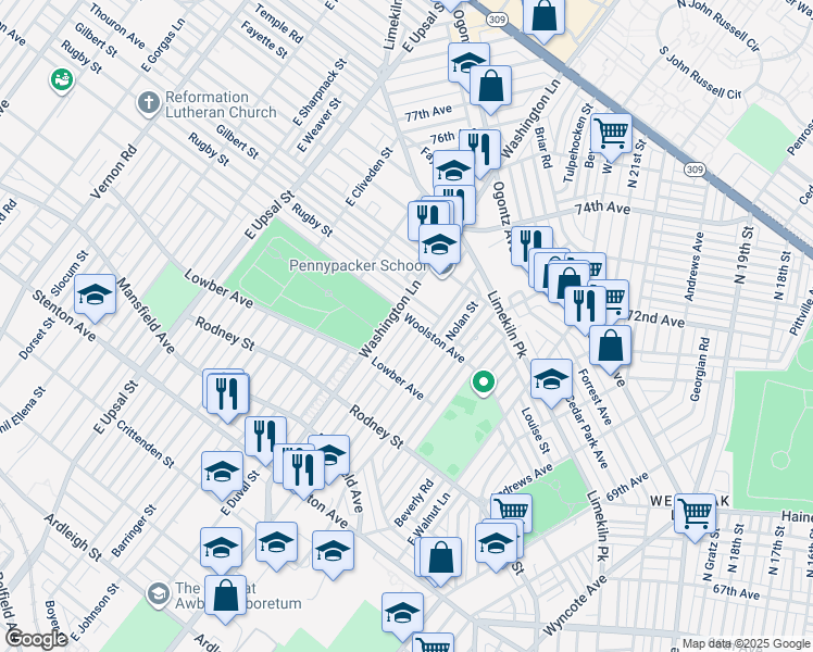 map of restaurants, bars, coffee shops, grocery stores, and more near 1759 East Mayland Street in Philadelphia