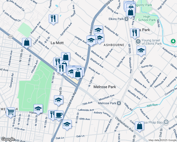 map of restaurants, bars, coffee shops, grocery stores, and more near 7401 Old York Road in Elkins Park