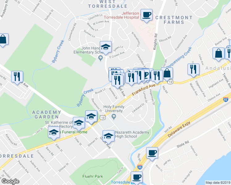 map of restaurants, bars, coffee shops, grocery stores, and more near 3999 Rowena Drive in Philadelphia