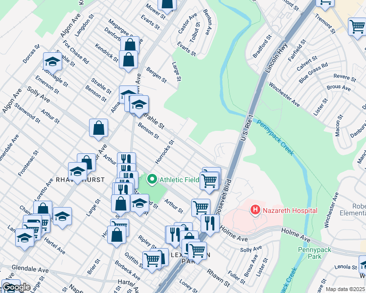map of restaurants, bars, coffee shops, grocery stores, and more near 2235 Benson Street in Philadelphia