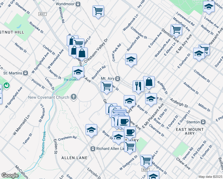 map of restaurants, bars, coffee shops, grocery stores, and more near 39 East Gowen Avenue in Philadelphia