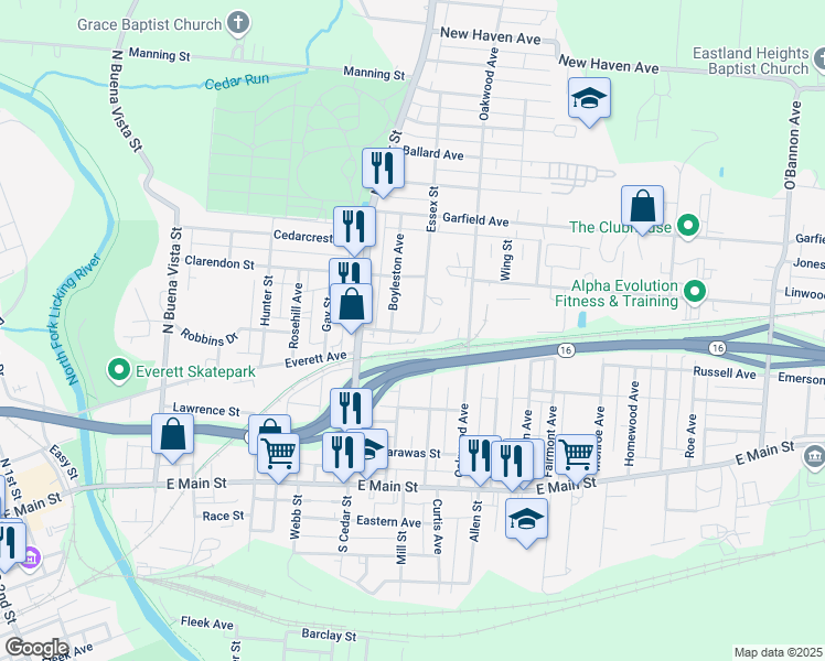 map of restaurants, bars, coffee shops, grocery stores, and more near 415 East Indiana Street in Newark