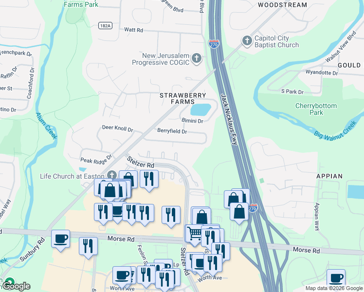 map of restaurants, bars, coffee shops, grocery stores, and more near 2 Clock Court in Columbus