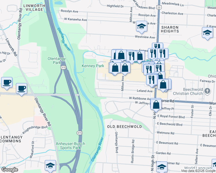 map of restaurants, bars, coffee shops, grocery stores, and more near 261 Leland Avenue in Columbus