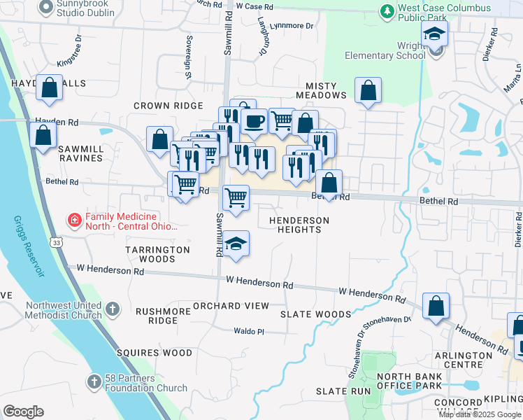 map of restaurants, bars, coffee shops, grocery stores, and more near 5345 Stonemeadow Avenue in Columbus