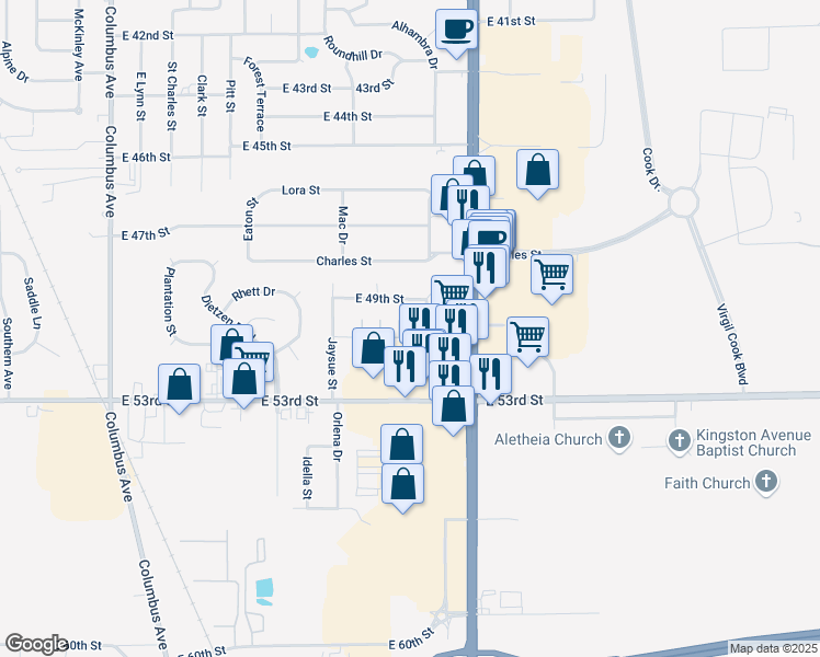 map of restaurants, bars, coffee shops, grocery stores, and more near 1926 East 53rd Street in Anderson