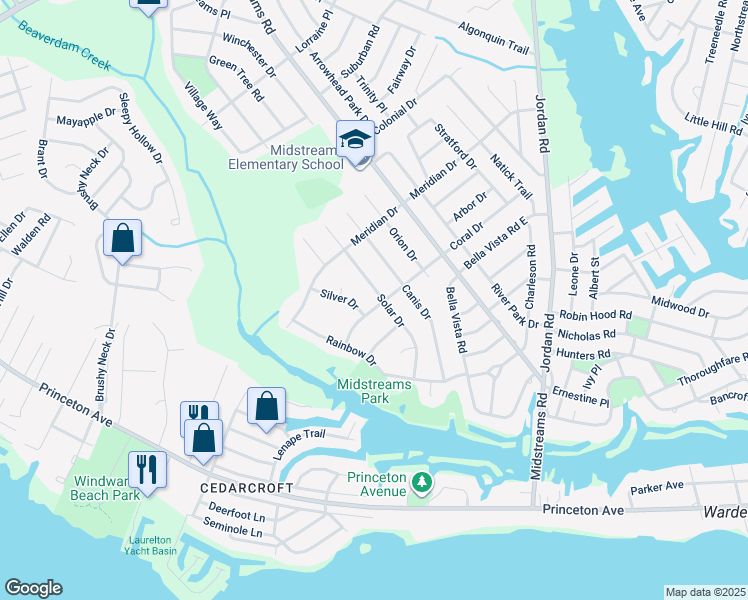 map of restaurants, bars, coffee shops, grocery stores, and more near 115 Solar Drive in Brick Township