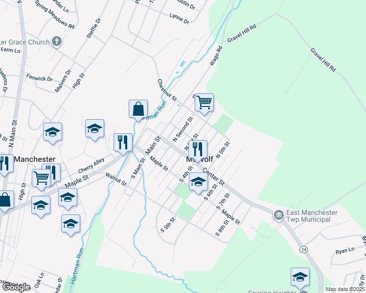 map of restaurants, bars, coffee shops, grocery stores, and more near 28 North 3rd Street in Mount Wolf