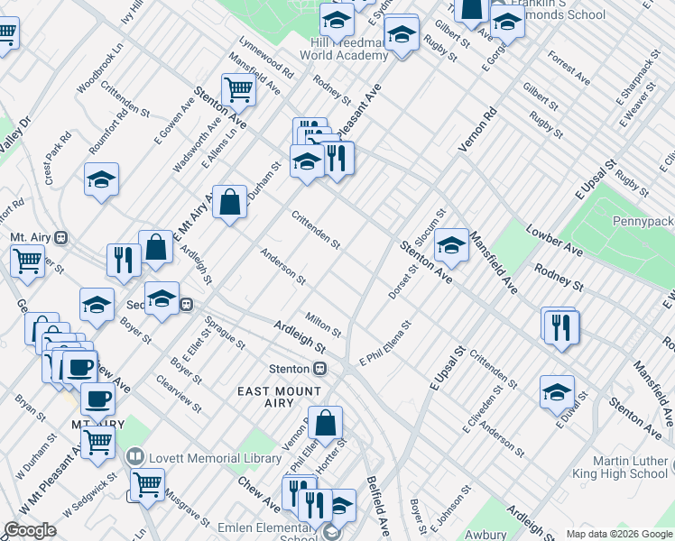 map of restaurants, bars, coffee shops, grocery stores, and more near 506 East Gorgas Lane in Philadelphia