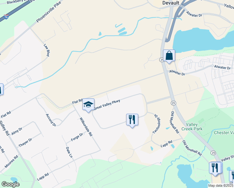 map of restaurants, bars, coffee shops, grocery stores, and more near 65 Great Valley Parkway in Malvern