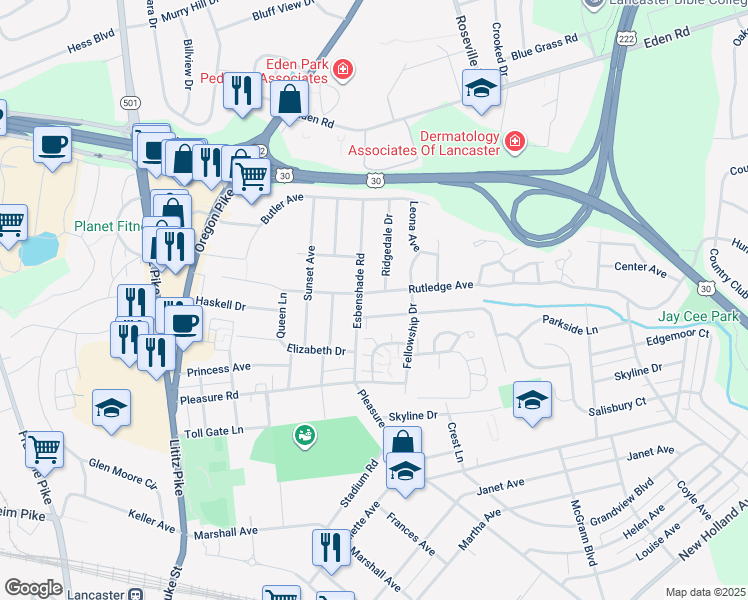 map of restaurants, bars, coffee shops, grocery stores, and more near 408 Rutledge Avenue in Lancaster